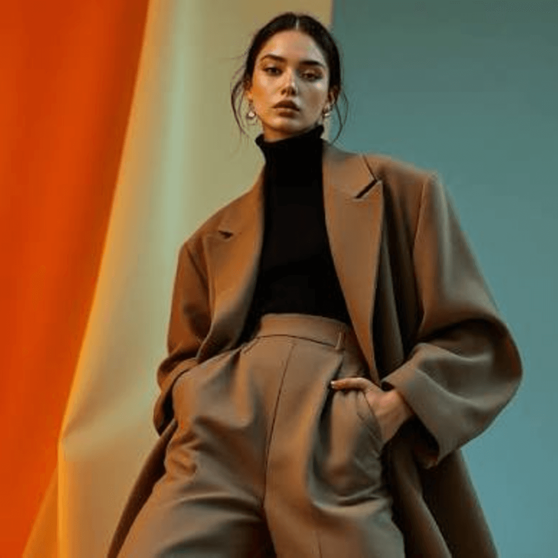 Editorial portrait in camel tailoring